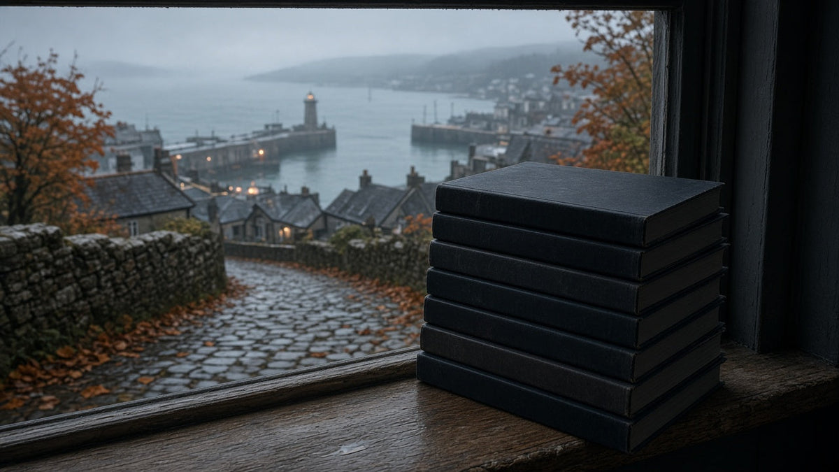 Crime paperbacks on a windowsill above a misty UK harbour