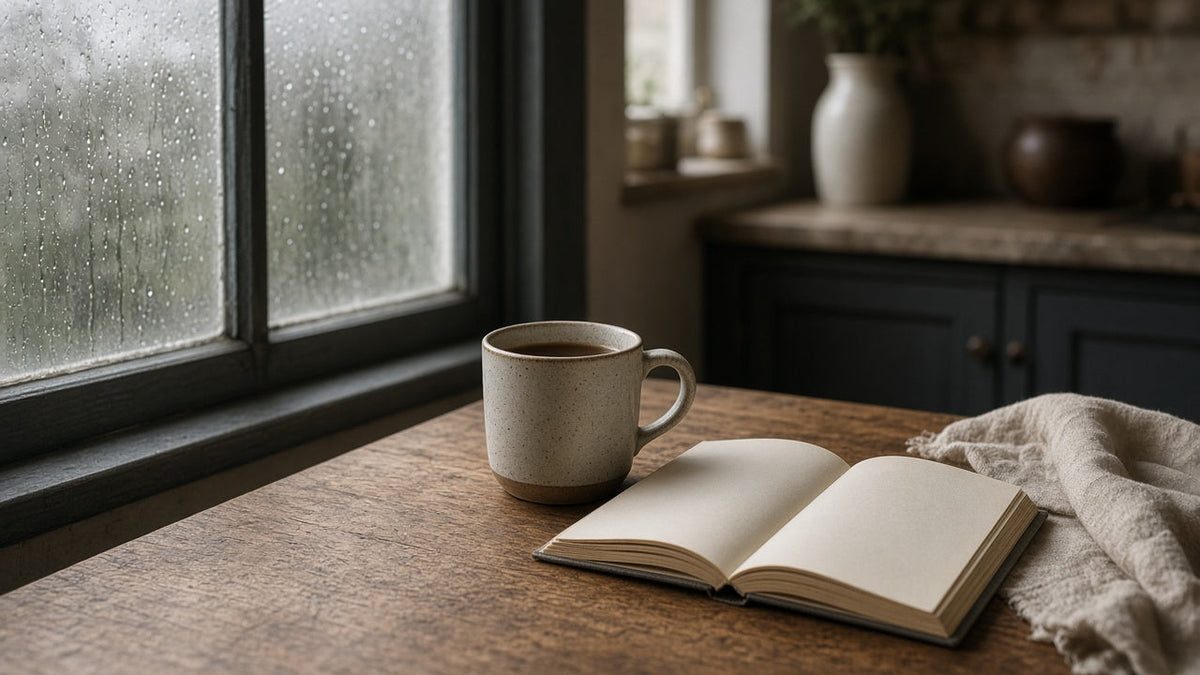 Open paperback and a mug of tea on a British kitchen table